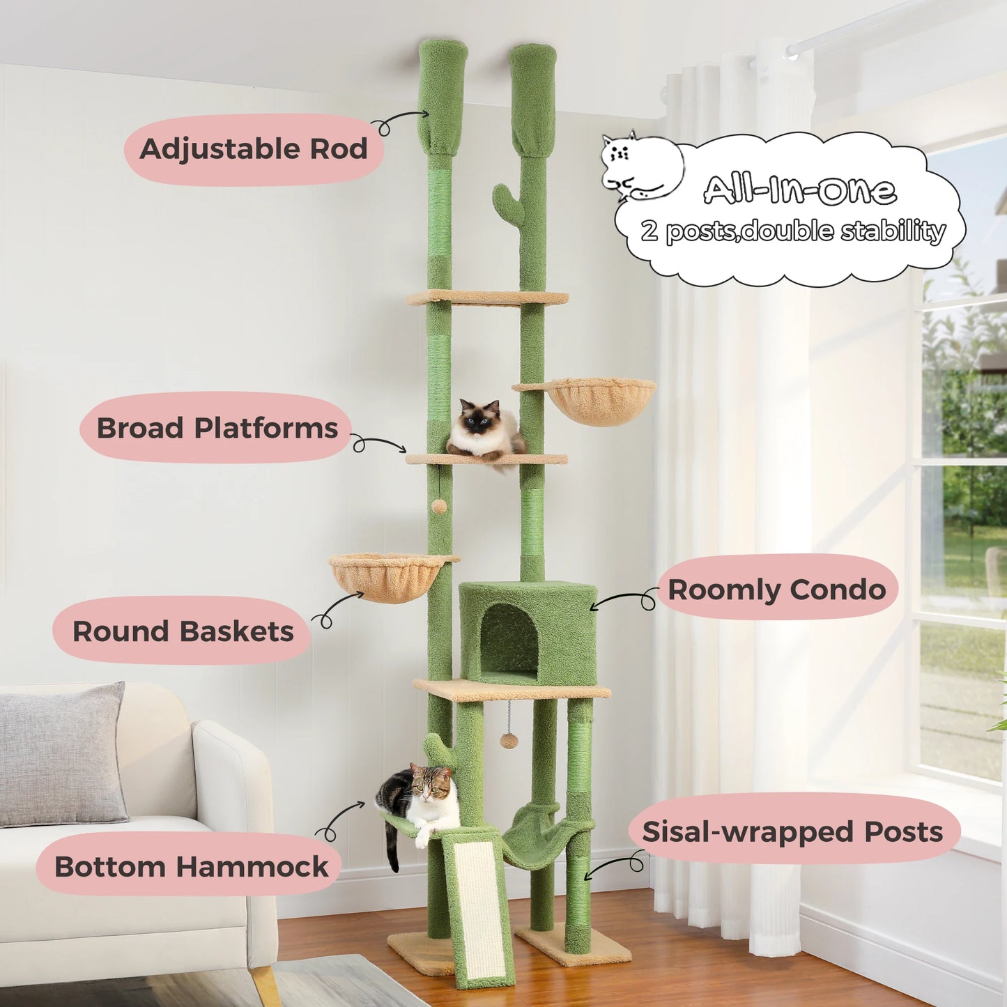 Floor to Ceiling Cat Tree with Sisal Scratching Posts Cozy Condo Hammock Adjustable Height Tall Cat Tower for Indoor Cat Toys - Quick and EZ Shop