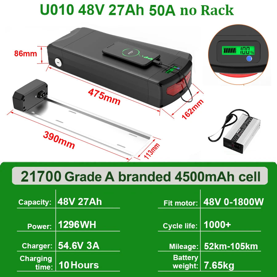 Rear Rack eBike Battery 21700 18650 52V 48V 28Ah 24Ah 20Ah With Double Luggage for 2000W 1500W 1000W 750W 500W 24"-28 inch Motor