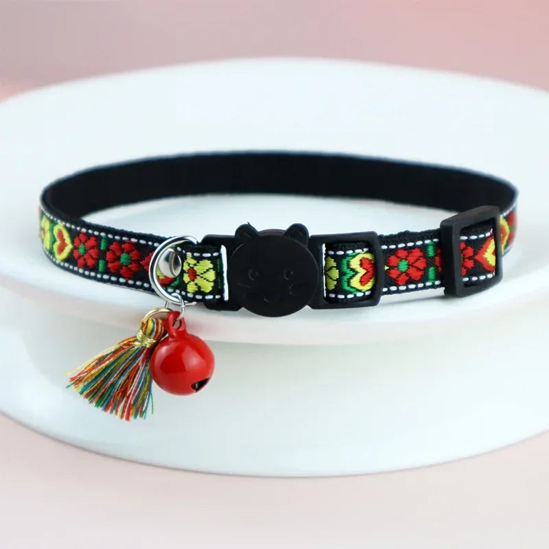 Adjustable cat collar with tassels and bells embellished pet collar colorful plaid jacquard pattern for cat and dog collars