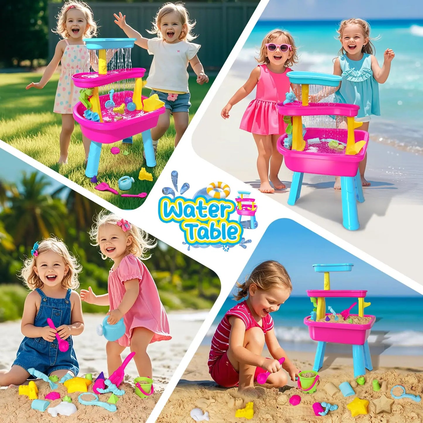 VATOS 3-Tier Water Table for Toddlers 37-Piece Kids Water Table Rain Shower Pool Set for Sensory Sand Water Play  Summer Toys