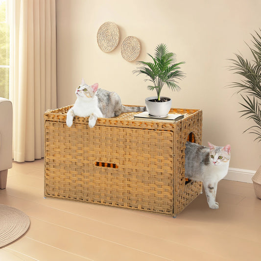 Rattan Cat Litter Box Enclosure with Taller Doorway and Flip-Up Design-More Space Raised Edge Mat-Cat House Cabinet Furniture