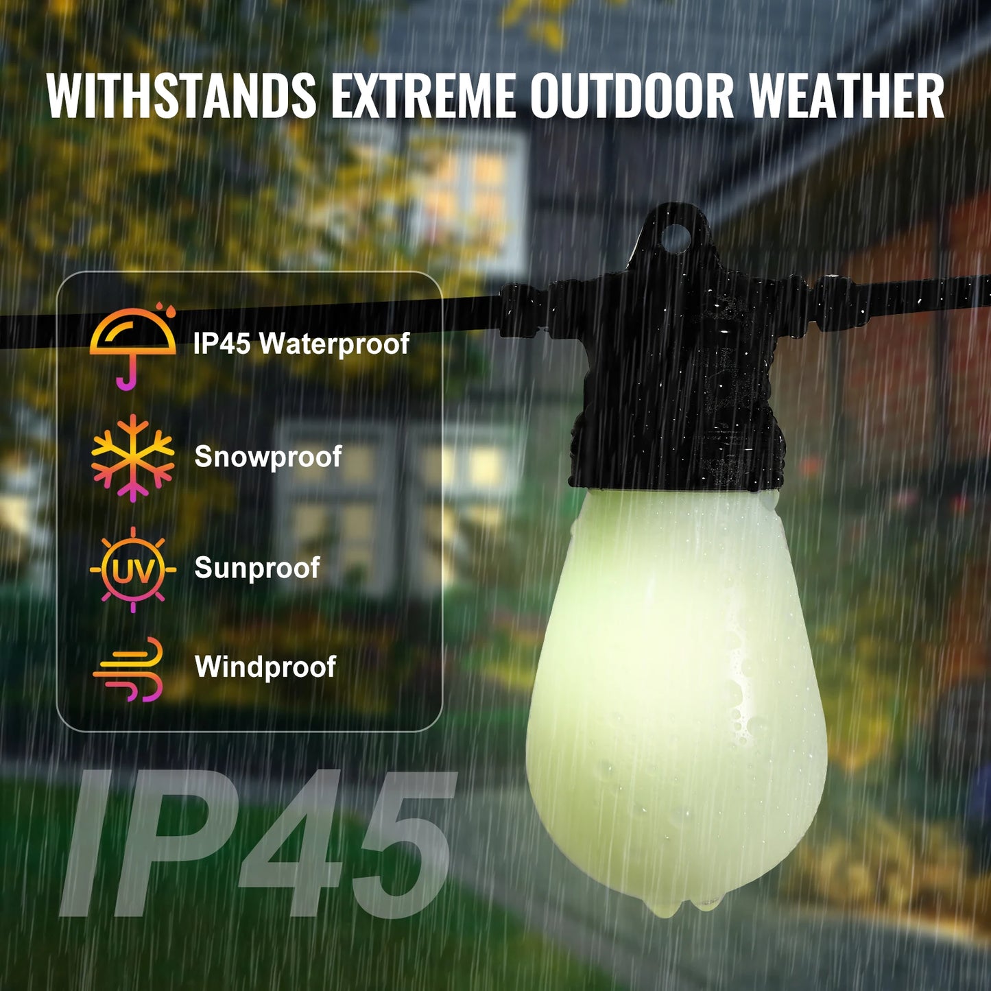 VEVOR RGB Outdoor String Lights with APP Control 15 Single-Color Adjustable Brightness Time Setting Waterproof Hanging Lights