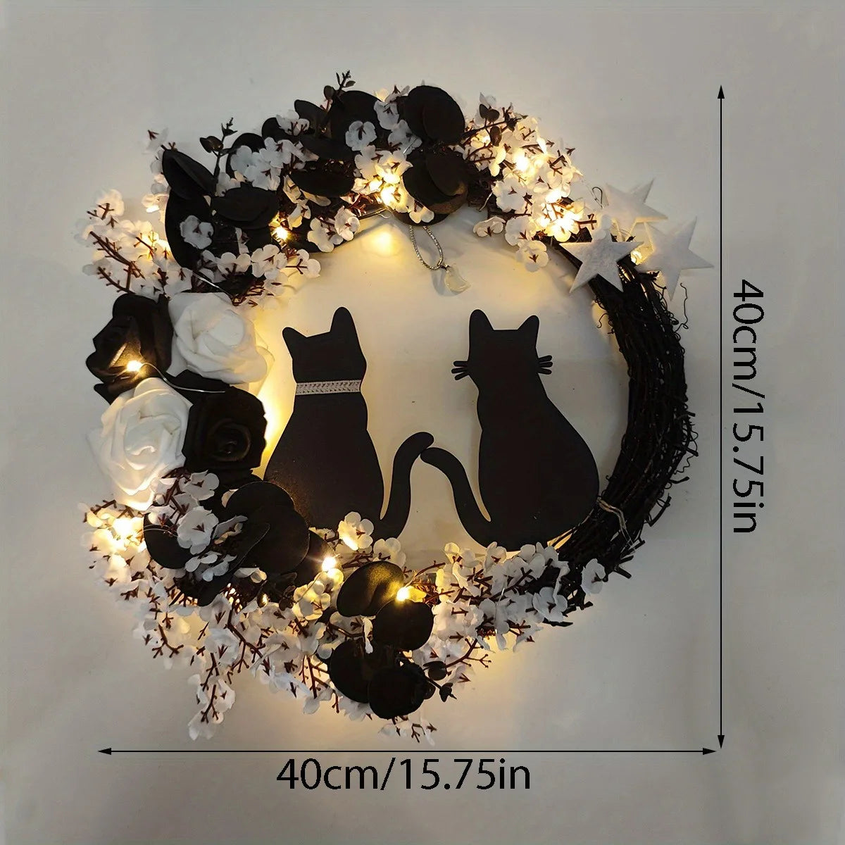Black Cat Wreath Halloween Decor for Home, Spooky Halloween Decorations Crescent Wreath for Front Door Window Home Holiday Party