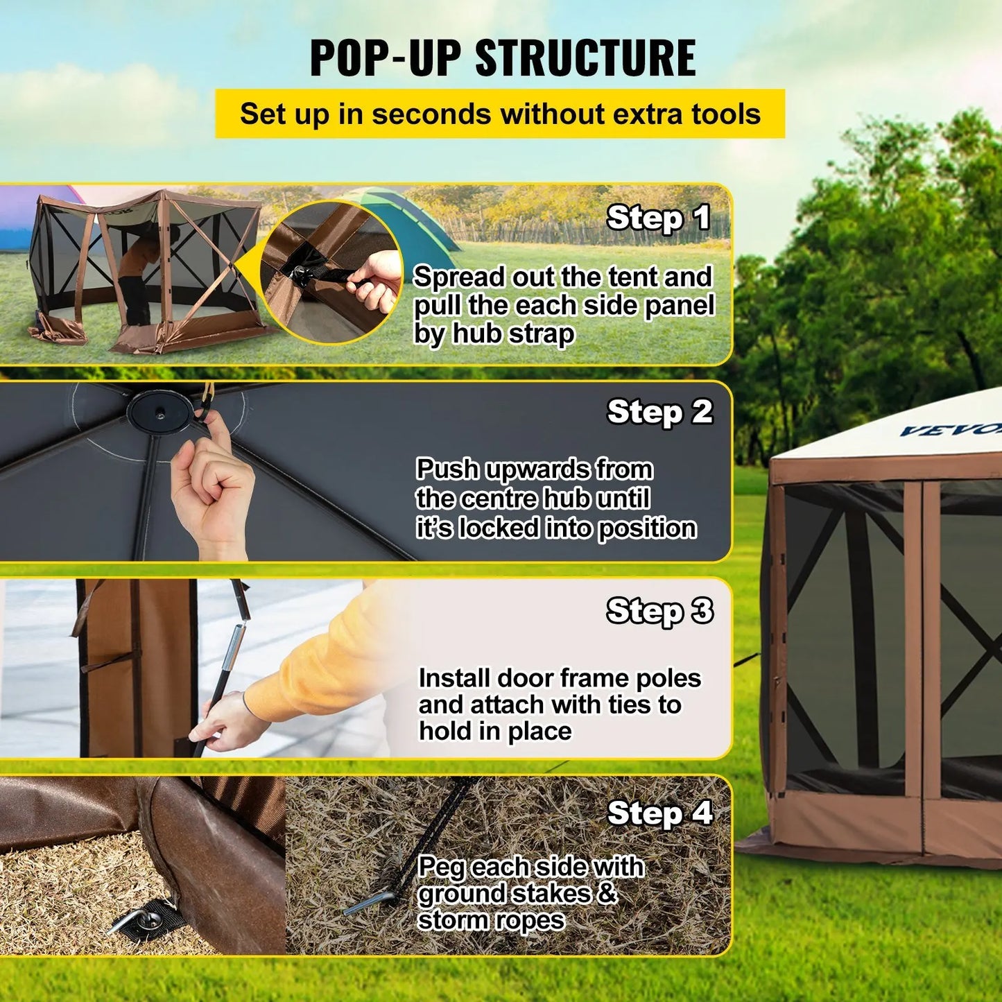 Waterproof Screen Shelter w/Portable Storage Bag 8 Person Camping 6 Sided Pop-up Canopy Screen Tent 10'x10' Camping Gazebo Tent