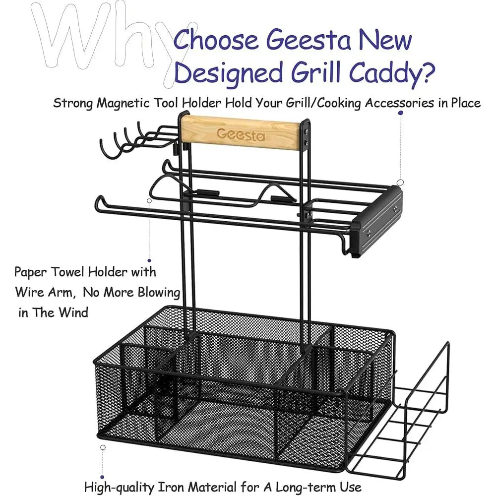 Outdoor Grill Caddy BBQ Organizer with Paper Towel Holder Magnetic Tool Holder Condiment Storage Adjustable Portable Picnic
