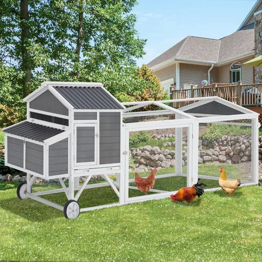 Large Chicken Coop with Wheels, 95" Wooden Chicken Coop with Run&2 Nesting Boxes Hen House Poultry Cage Wooden Chicken Hutch
