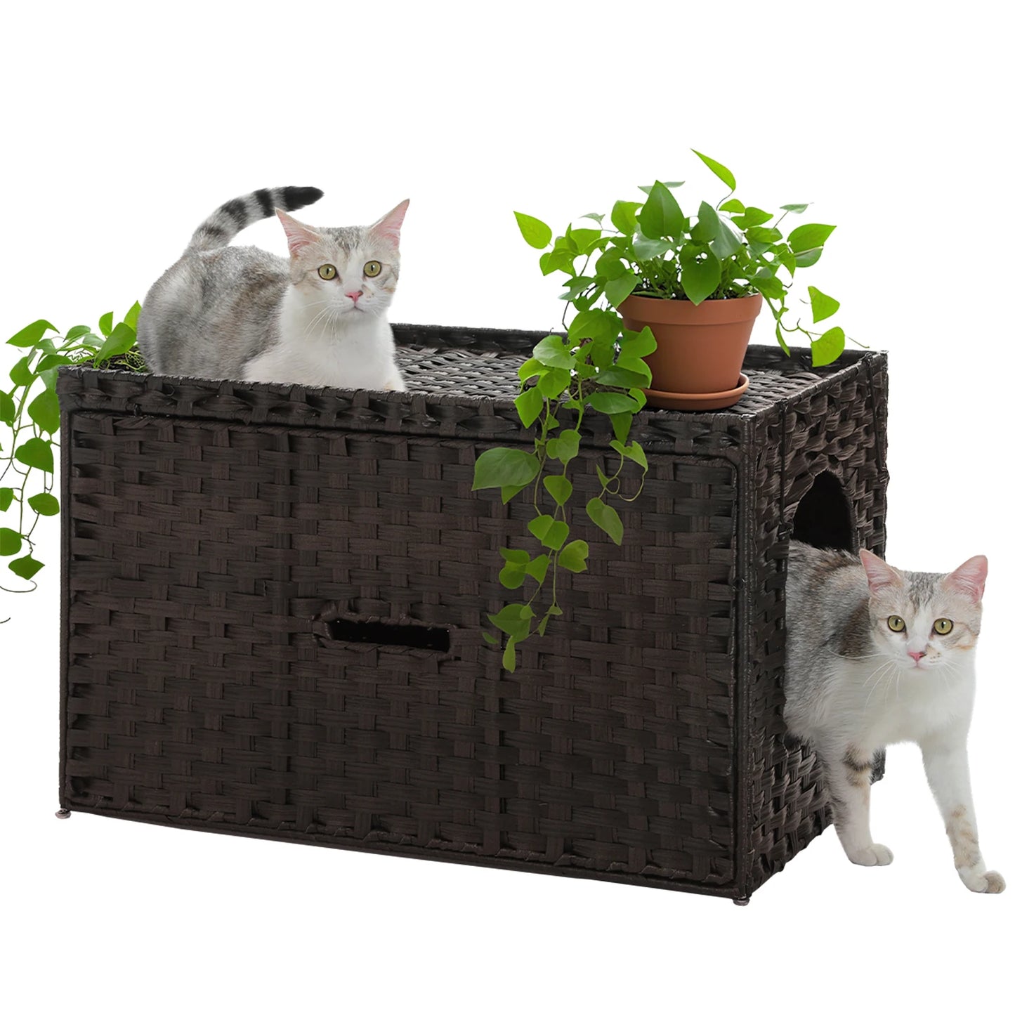 Rattan Cat Litter Box Enclosure with Taller Doorway and Flip-Up Design-More Space Raised Edge Mat-Cat House Cabinet Furniture