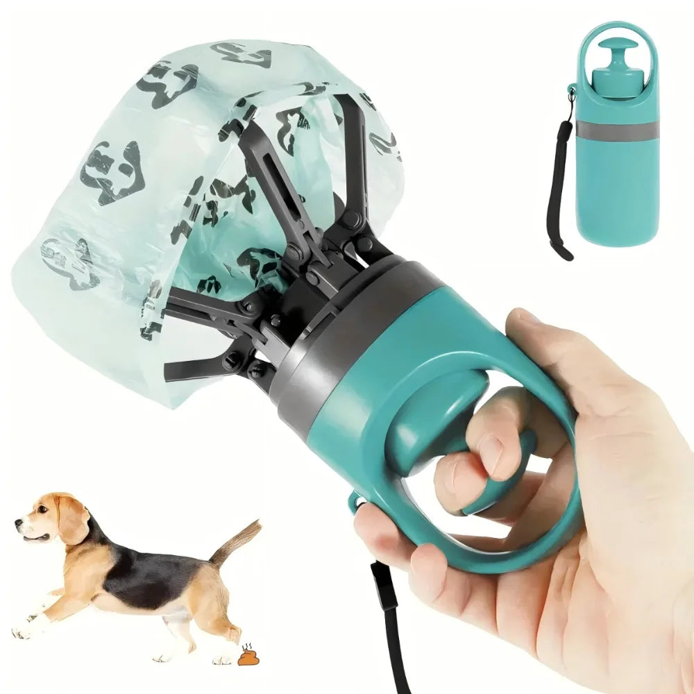 Portable Dog Poop Scooper with Leak-Proof Bag Dispenser, Durable Teal Claw, Compact Lightweight Design for Pet Waste Management.