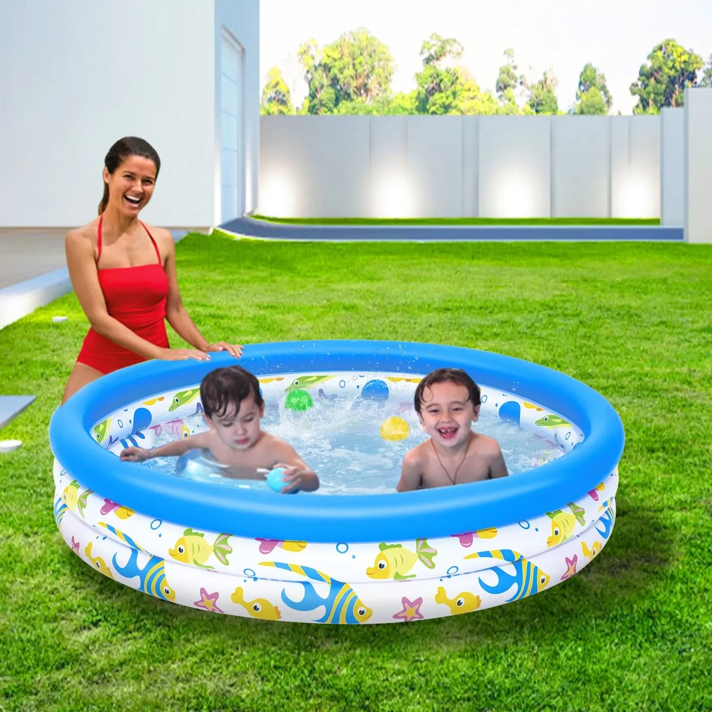 48x10” Inflatable Swimming Pool Blow Up Family Pool For 2 Kids Foldable Swim Ball Pool Center w/ 3 Velvets Water Drain Plug