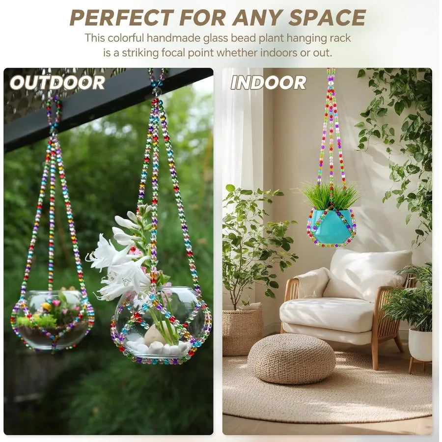 2 Pack Macrame Plant Hanger Handmade Glass Bead Plant Hanger Colorful Drative Bohemian Hanging Planter Holder for Indoor and Ou