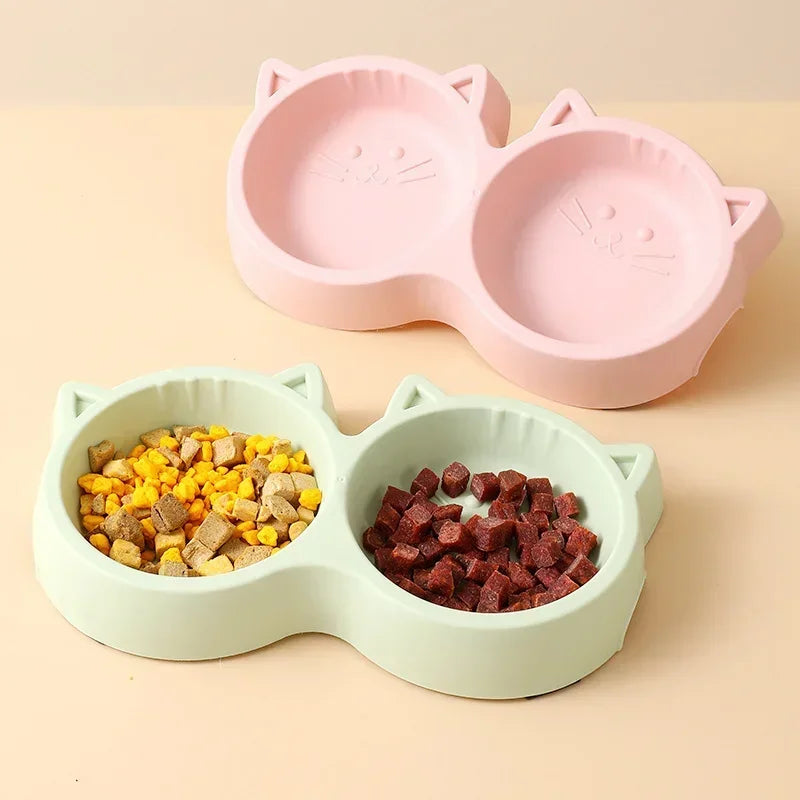 Pet Cat Double Bowl Eco-friendly PP Material Cartoon Cat Face Shape Food Water Feeding Bowl Non-slip Puppy Cat Feeder Supplies