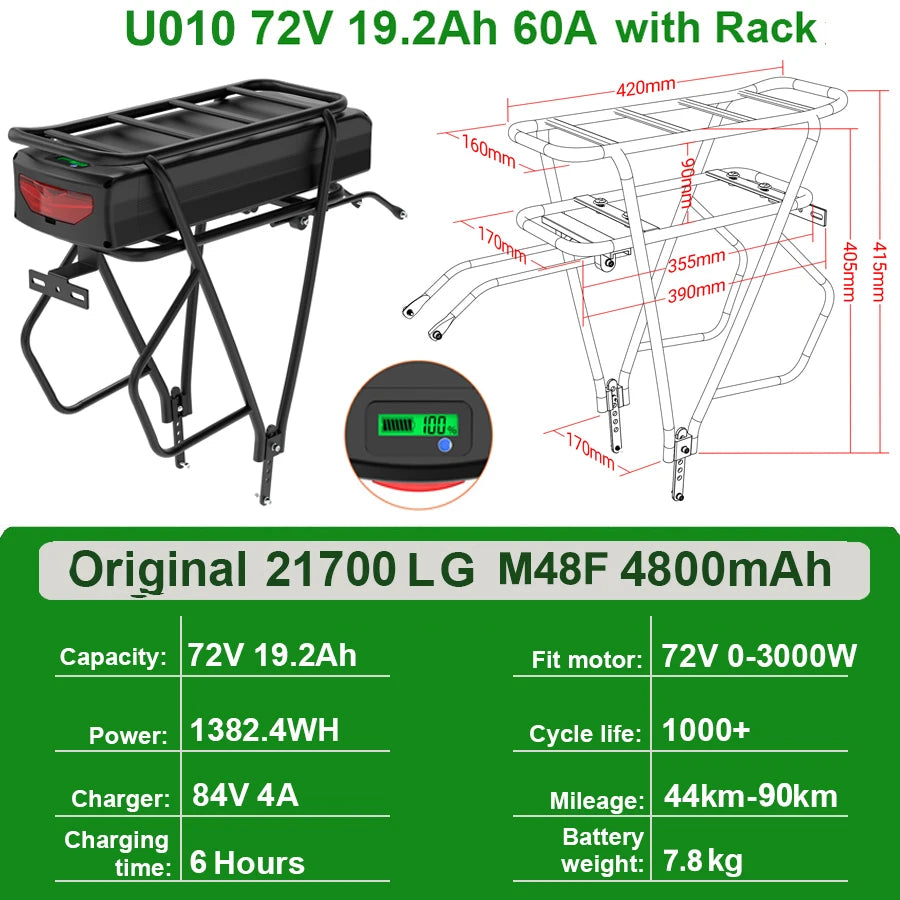 Rear Rack eBike Battery 21700 18650 52V 48V 28Ah 24Ah 20Ah With Double Luggage for 2000W 1500W 1000W 750W 500W 24"-28 inch Motor