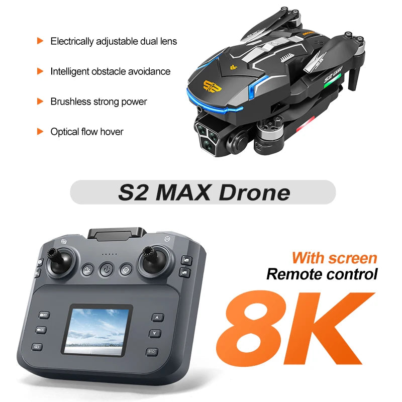 2025 New S2 Max Drone Professional 8K HD Dual Camera Obstacle Avoidance Foldable Quadcopter Drone With Screen Remote Contro