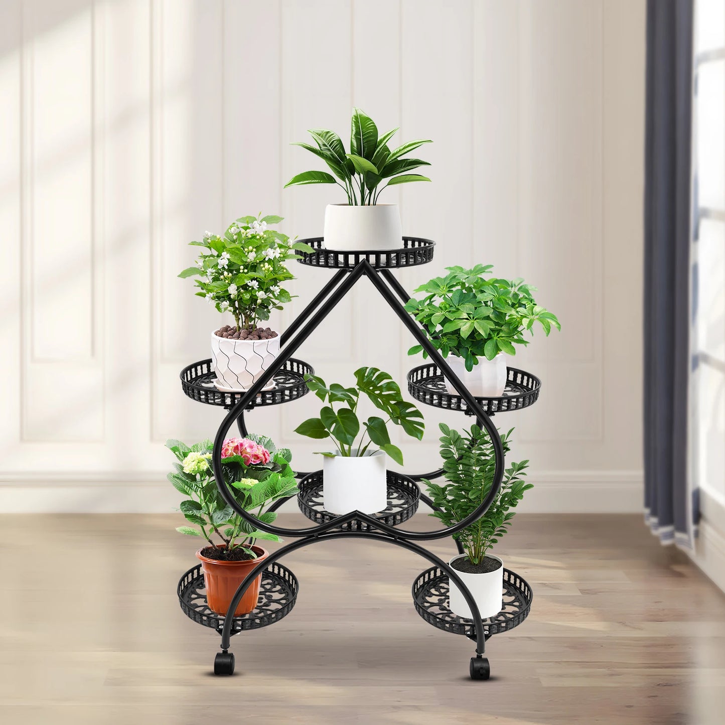 Heart Shape Flower Pot Stand Metal Plant Rack Floor Garden Flower Stand With Wheels 4 Tier Flower Pot Stand Display Rack