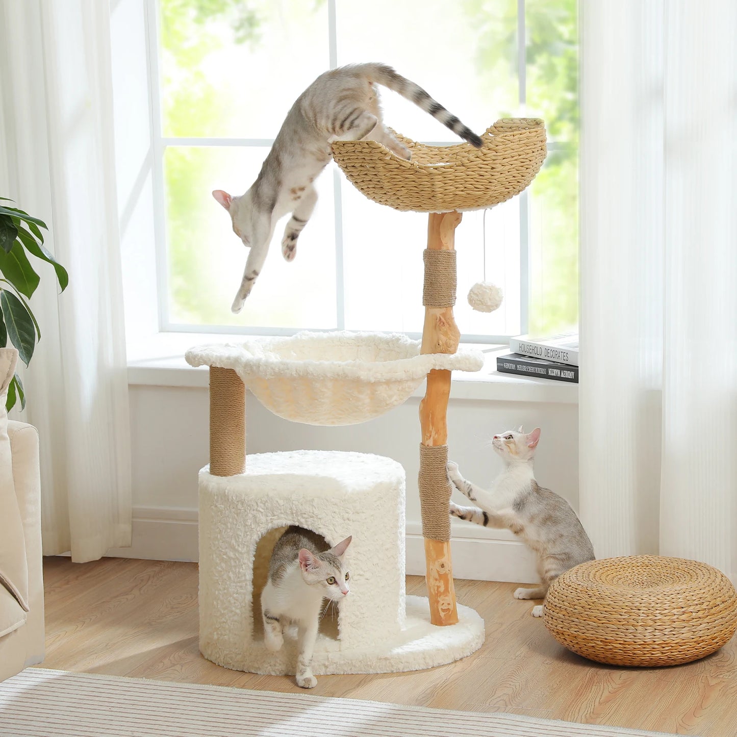 Modern Cat Tree, Natural Wood Cat Tower with Large Wicker Basket, Spacious Condo, Deep Hammock, Luxury Cat House Bed for Indoor