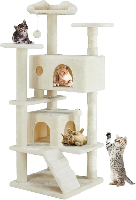 DUMOS 54-inch Indoor Cat Tree Tower –Multi-Level Pet House for Large Cats with 2 Condos, Scratching Posts, Round Platform, Small - Quick and EZ Shop