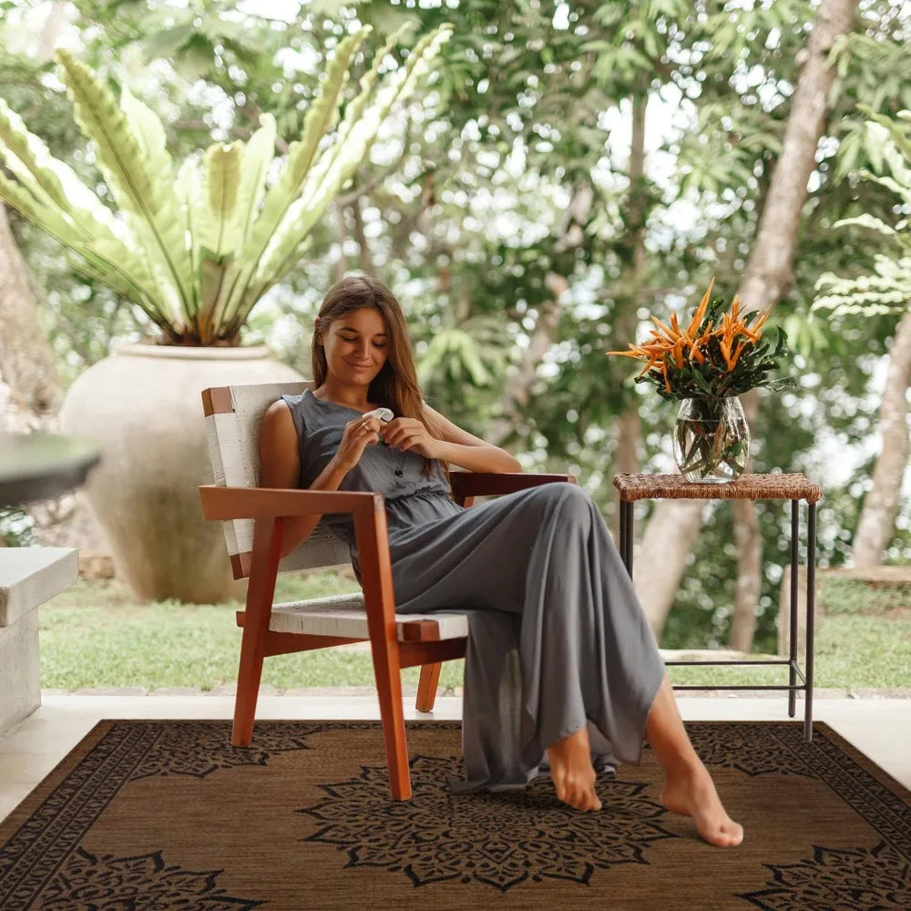 camilson 8x10 medallion nut brown and black modern outdoor and indoor area rug for patios, kitchen, and hallways