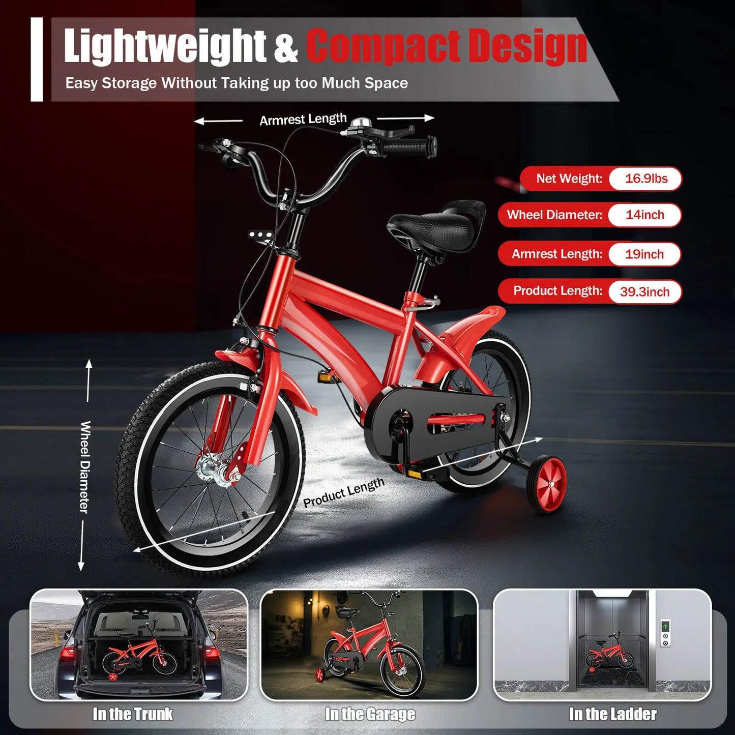 14" Children's Bicycle Kids Bike w/ Training Wheels Dual Brakes Child Bike for Boys Girls Age 3-6 Years Red