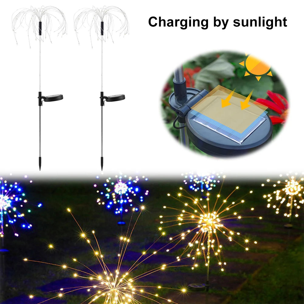 2Pcs LED Sparklers Firework Lamp Waterproof Garden Fairy Light Outdoor Solar Fairy Lights for Yard Garden Flowerbed Party Decor