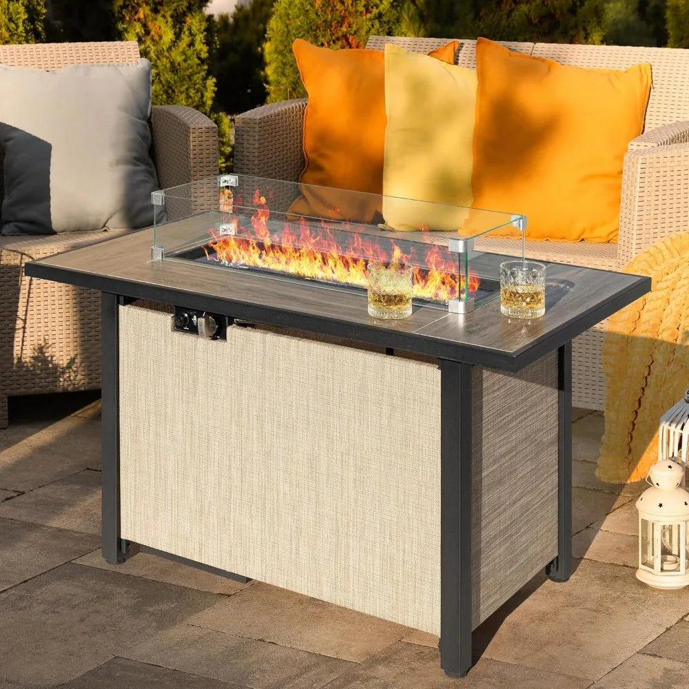 Nuu Garden 43" Propane Fire Pit, CSA-Listed Outdoor Fire Pit Table, 50000 BTU Gas FirePit with Lid, Glass Wind Guard, Glass Bead
