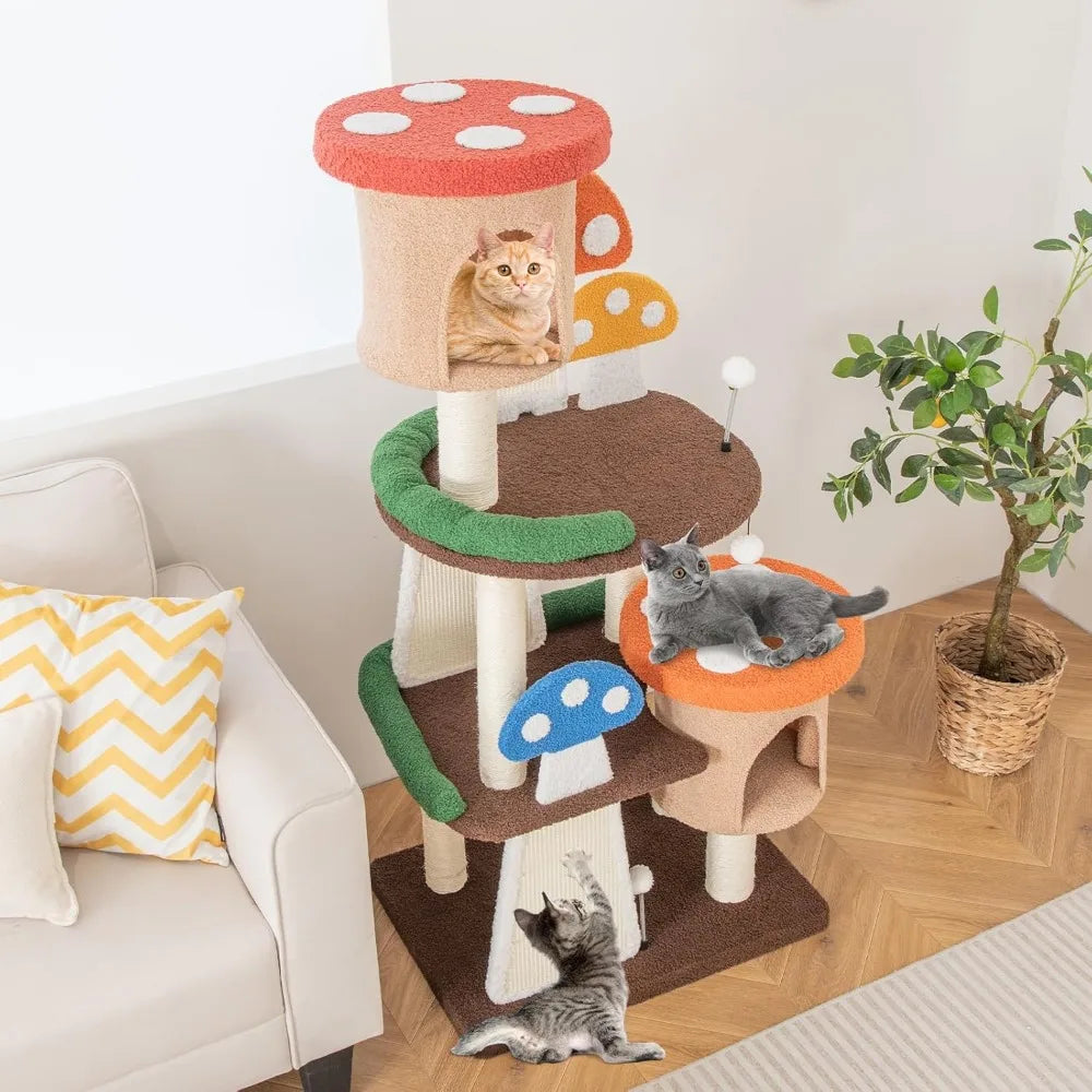 Very Tangkula Mushroom Cat Tree, Multi-Level Cute Cat Tower With Full-Wrapped Sisal Posts, Scratching Boards & Interactive Balls