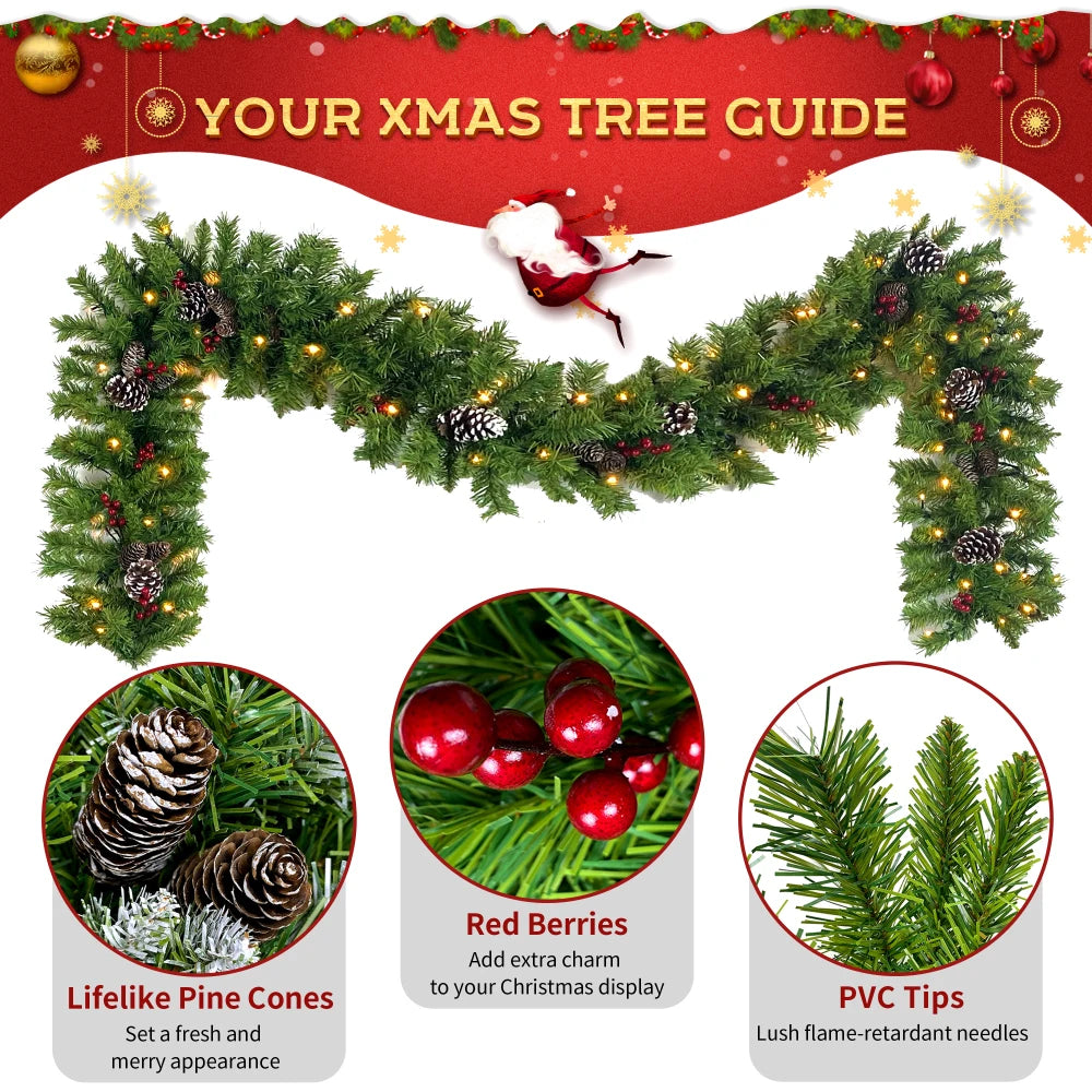 Pre-lit Xmas 4-Piece Set: Tree, Garland, Wreath, 2 Entrance Trees with LED Lights. Compact Decor Set.