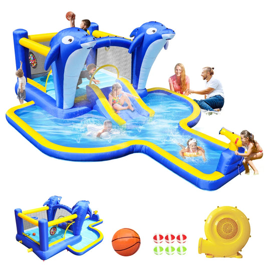 6 in1 Inflatable slide water park trampoline bouncing house outdoor garden with  Dolphin sprinkler & Target games & Water gun