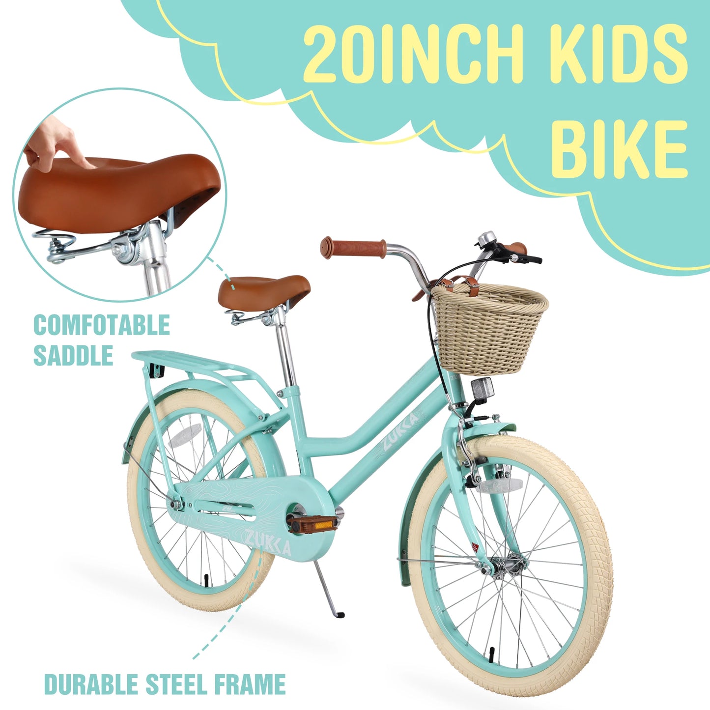 ZUKKA Green Pink White 20 Inch Bicycle for Children With Woven Basket Kids Bike for Girls For 7-10 years Old