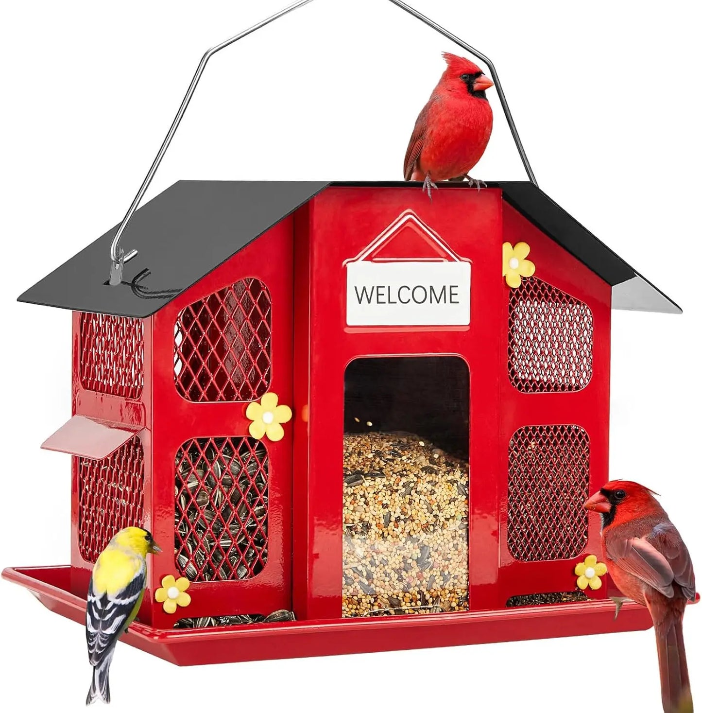 Metal Mesh Bird Feeders for Outdoors Hanging, Wild Bird Feeder with Weatherproof Roof & Seed Tray for Cardinal Finch Chickadee - Quick and EZ Shop