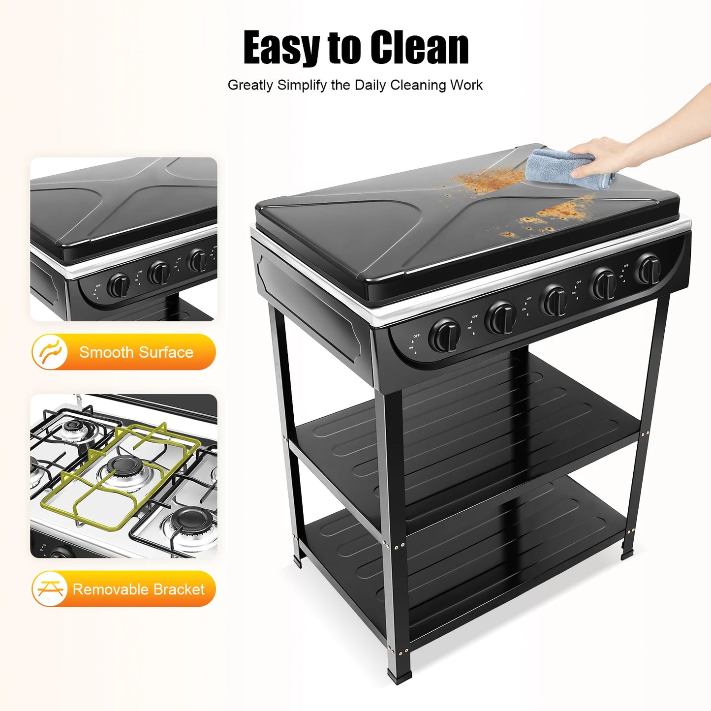 Natural Gas Stove Outdoor 5-Burner Stove Portable Gas Stove with 2 Placement Boards and Windshield for Outdoor Camping RV Travel