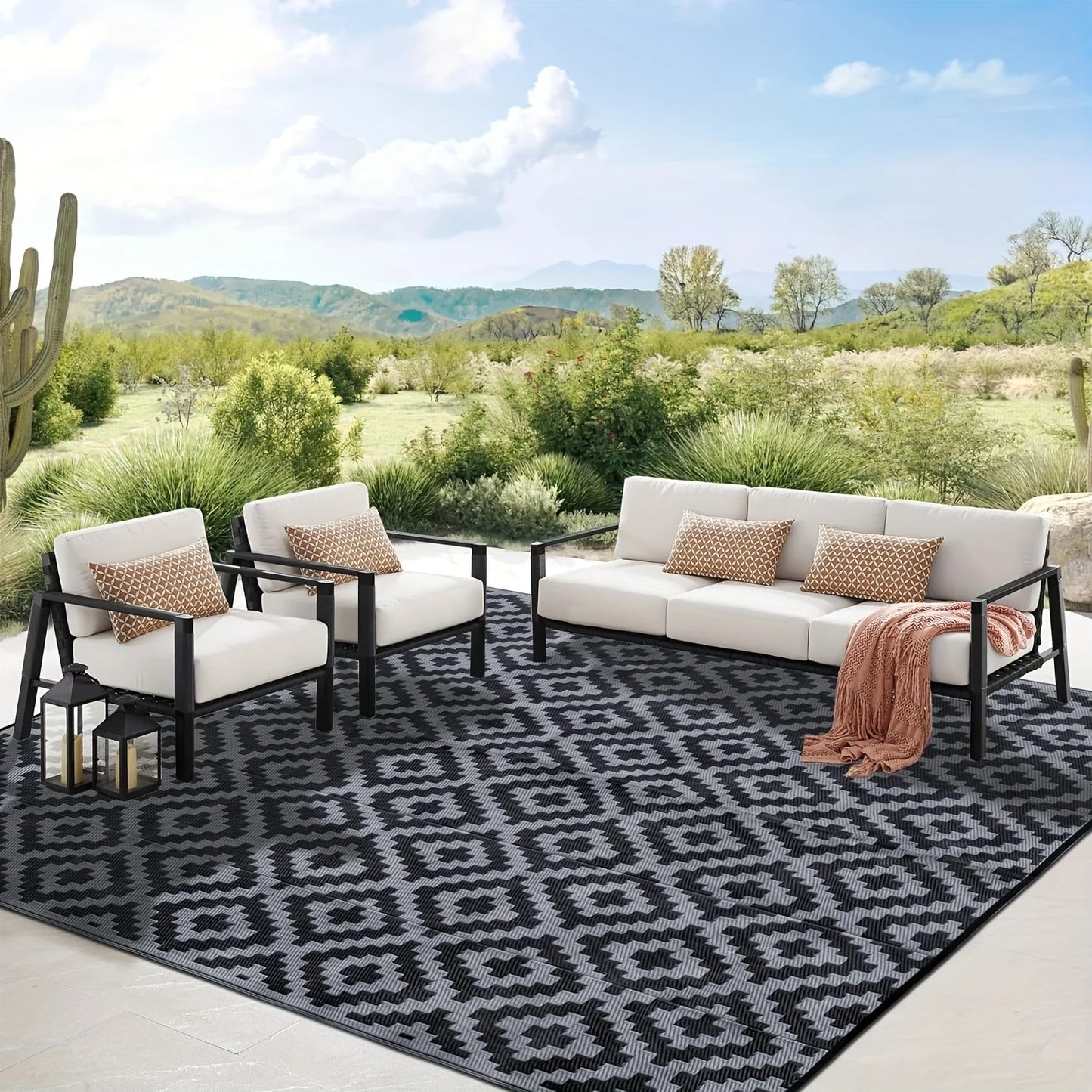 Black and Gray Cross PP Material Plastic Straw Patio Rugs Waterproof Reversible Outdoor Carpets Picnic Mats - Quick and EZ Shop
