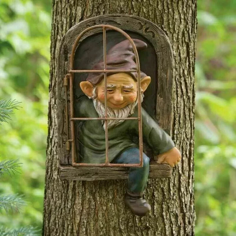 Creative Garden Gnome Statue Elf Out Tree Hug for Porch Decor
