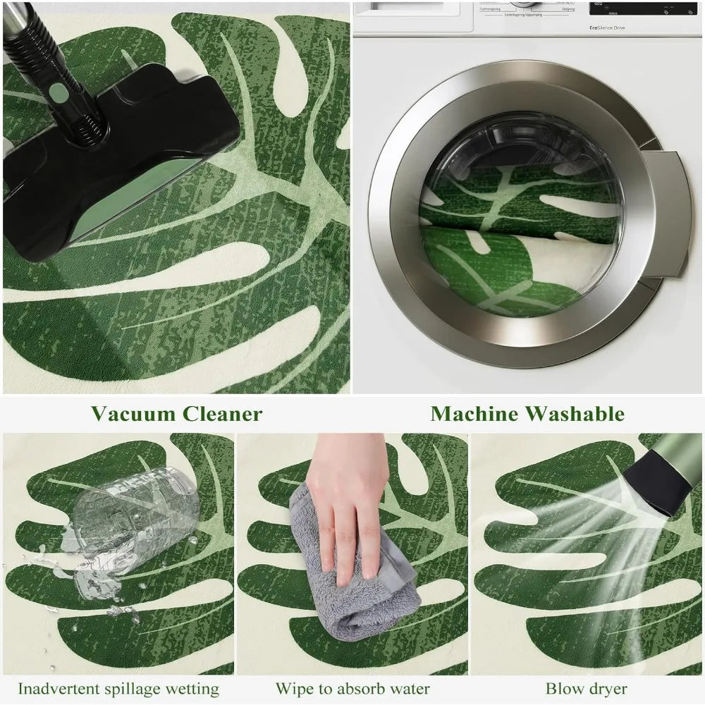Leaf Indoor Outdoor Area Rugs for Living Room, 8x10 Green Washable Rug Tropical Monstera Plant Non-Slip Bedroom Rugs, Large Acc