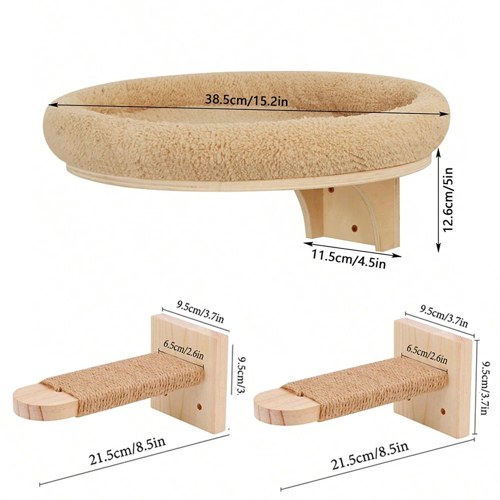 Wall Mounted Cat Tree Wooden Shelves Scratching Posts Climbing Cat Perches Hammock with Steps and Ladder Pet Wooden Furniture