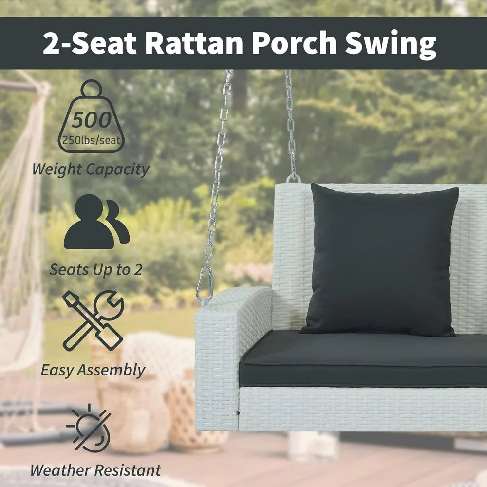 Porch Swing Loveseat, Outdoor Patio Furniture Rattan Wicker Swing Chair with Adjustable Chains, 2-Person Hanging Seat Porch