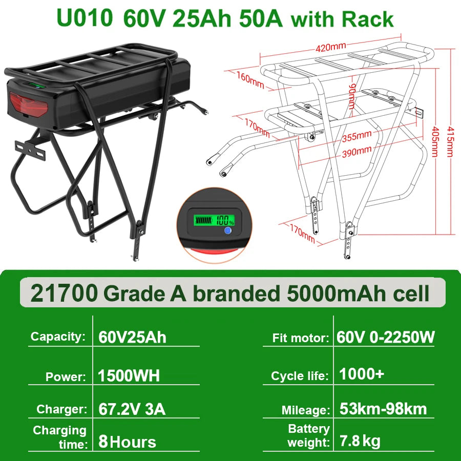 Rear Rack eBike Battery 21700 18650 52V 48V 28Ah 24Ah 20Ah With Double Luggage for 2000W 1500W 1000W 750W 500W 24"-28 inch Motor