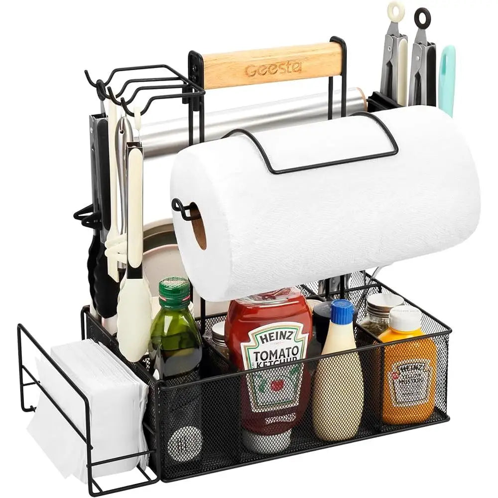 Outdoor Grill Caddy BBQ Organizer with Paper Towel Holder Magnetic Tool Holder Condiment Storage Adjustable Portable Picnic