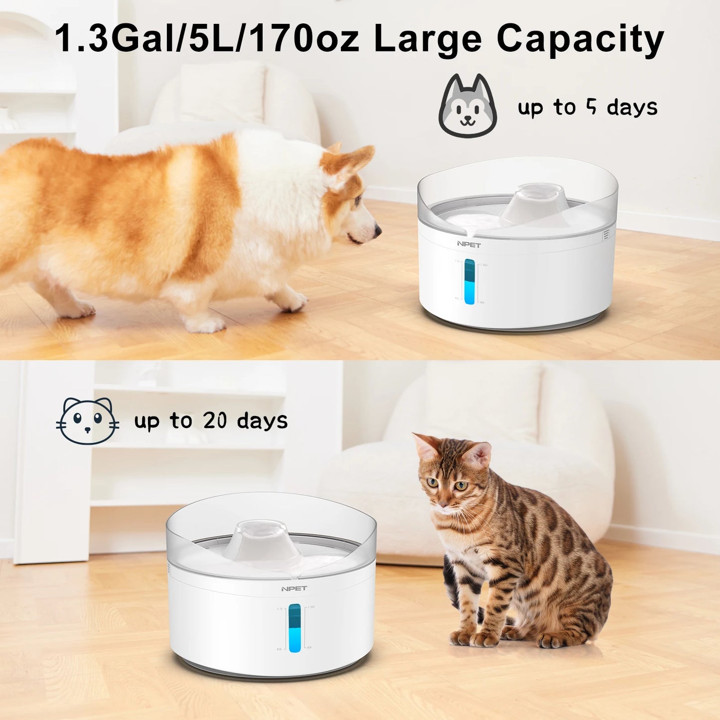 Automatic dog water fountain 5L Large capacity 170OZ Triple filter system with controller of water and light