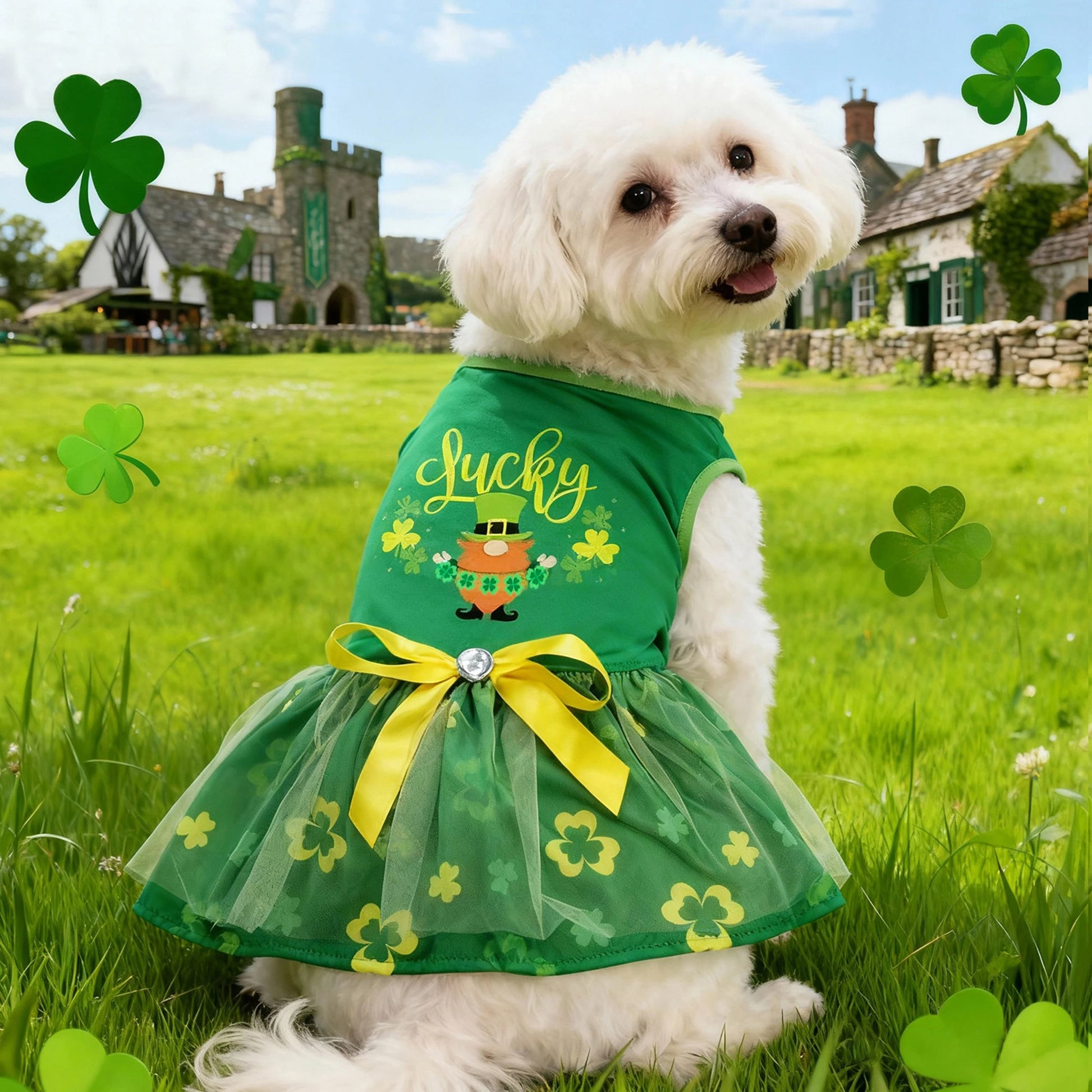 St Patrick s Day Green Dog Tutu Dress with Bow and Shamrock Print for Festive Party Celebrations and Events - Quick and EZ Shop