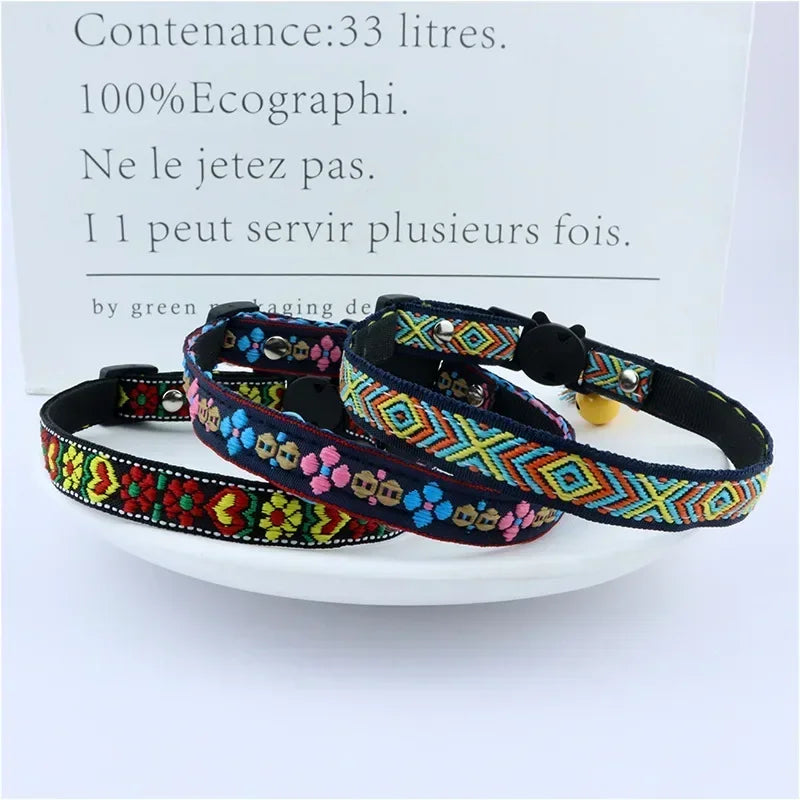 Adjustable cat collar with tassels and bells embellished pet collar colorful plaid jacquard pattern for cat and dog collars