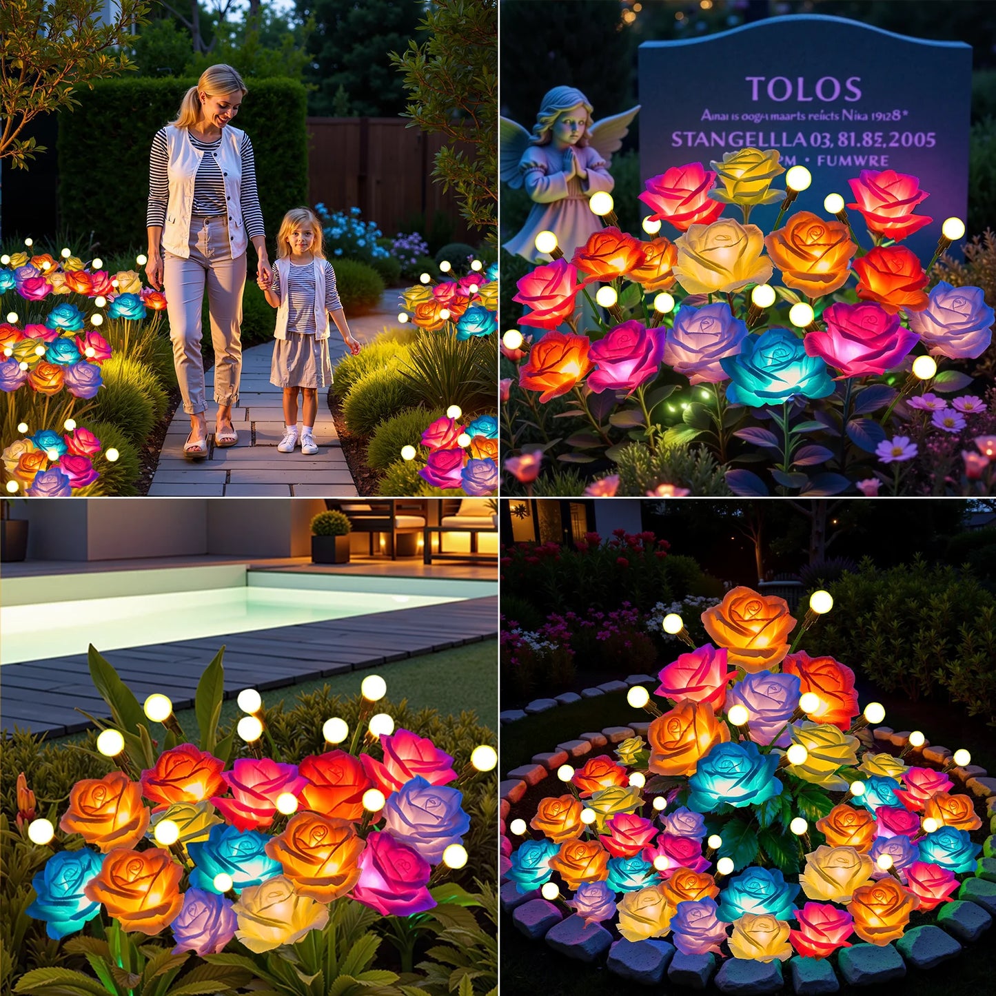 2/4 Pack Solar Rose & Firefly Swing Lights, 7-Color Changing Outdoor Solar Lights for Garden/Patio/Holiday Decor & Gifts