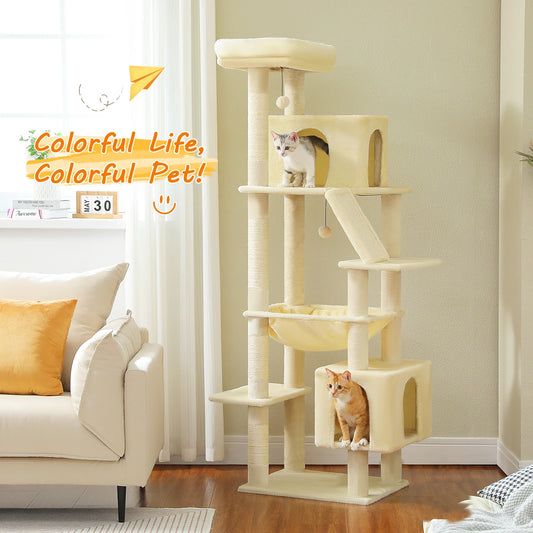Multi-Level Cat Tree with 2 Cozy Condo, Sisal Scratching Post, Large Hammock, Luxury Tall Cat Tower for Large Cat, Cat House Bed