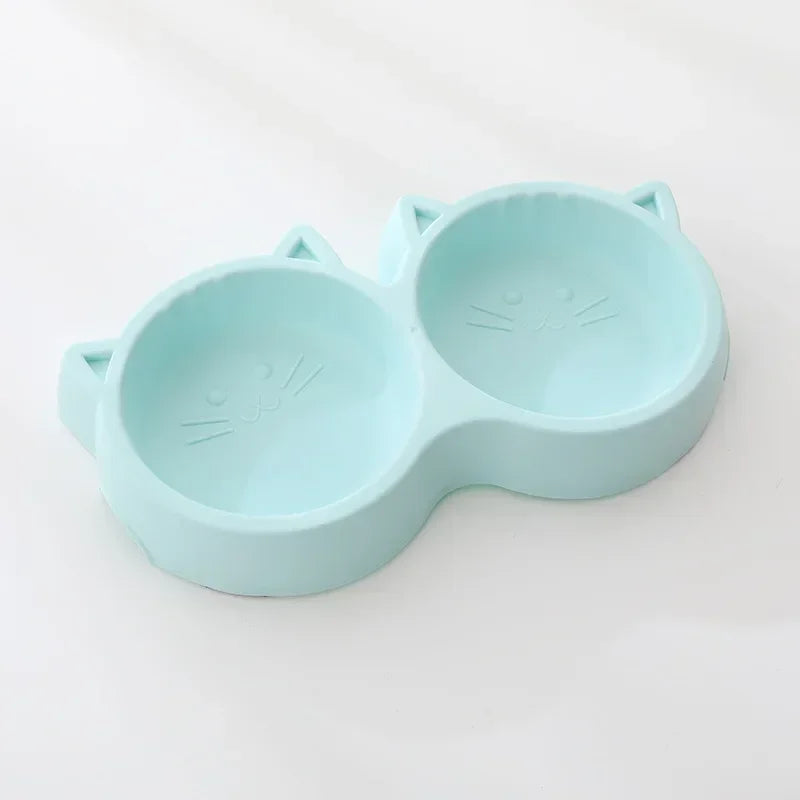 Pet Cat Double Bowl Eco-friendly PP Material Cartoon Cat Face Shape Food Water Feeding Bowl Non-slip Puppy Cat Feeder Supplies