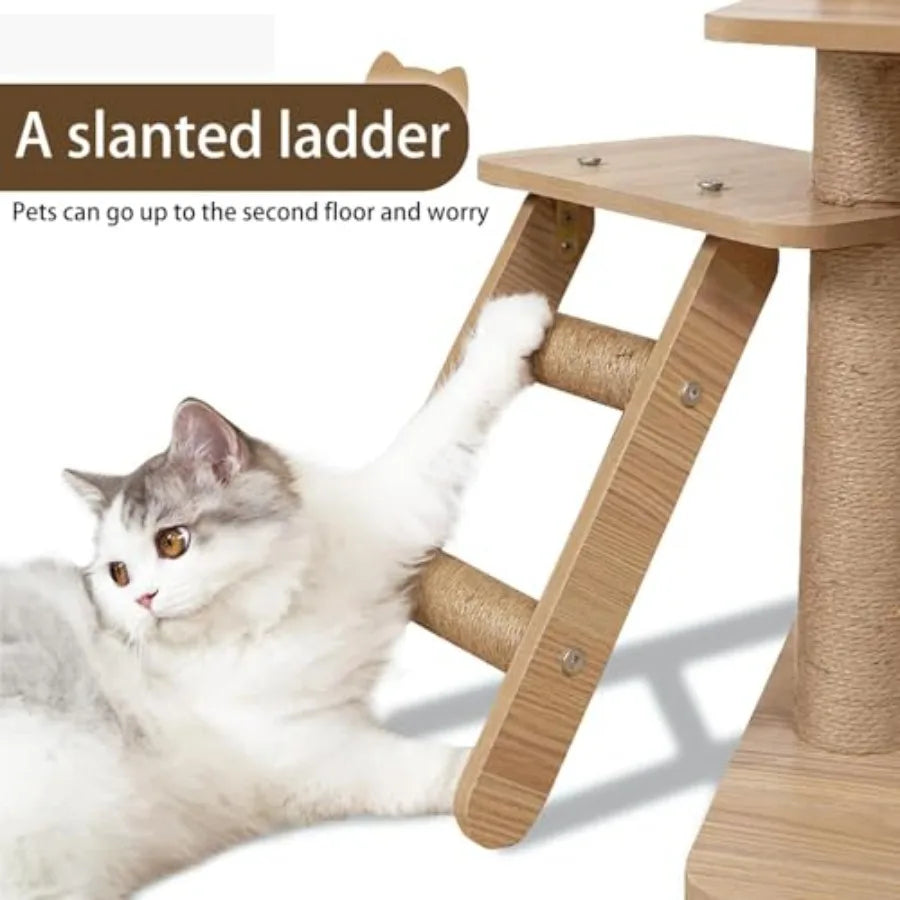 65-Inch Multi-Purpose Wooden Cat Tree Tower with Condo Design Featuring 13 Scratch Posts Padded Platform Bed Interactive Toy Ba - Quick and EZ Shop