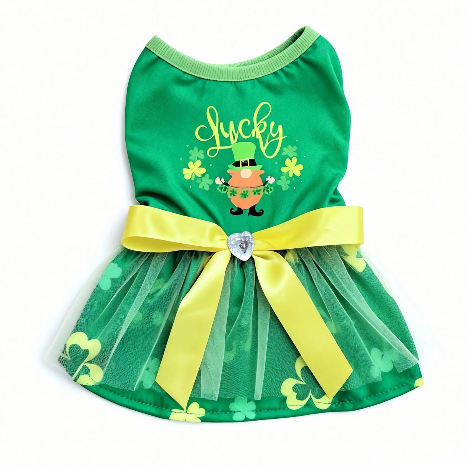 St Patrick s Day Green Dog Tutu Dress with Bow and Shamrock Print for Festive Party Celebrations and Events - Quick and EZ Shop