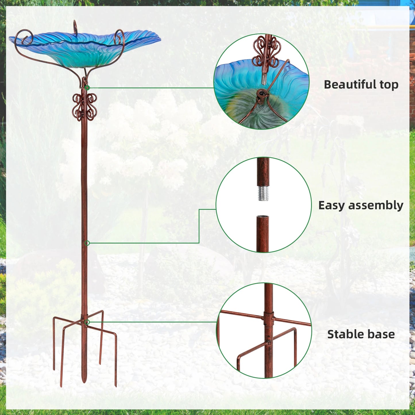 Glass Bird Bath with Stake for Yard Garden, 4-Prong Freestanding Bowl, Outdoor Fountain