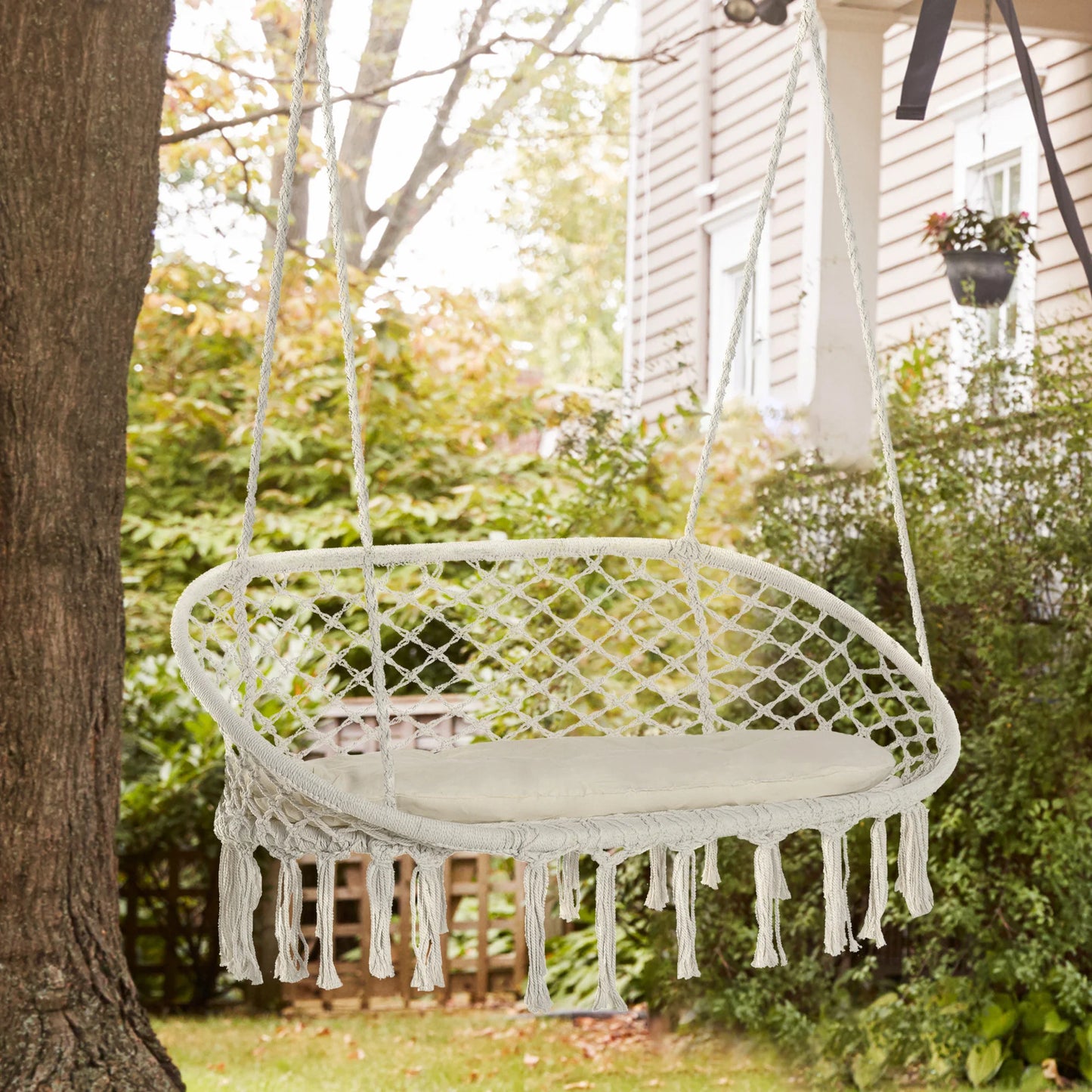 Outside Patio Swing Chair W/ Steel Frame, Built-In Armrests, & Curved Back White