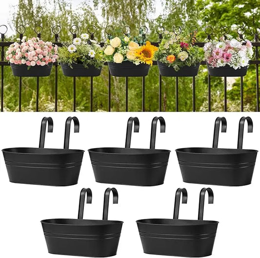 5 Pcs Iron Hanging Flower Pots 11 Inch Hanging Planters for Outdoor Plants Metal Hanging Bucket Pots Iron Railing Fence Planter - Quick and EZ Shop