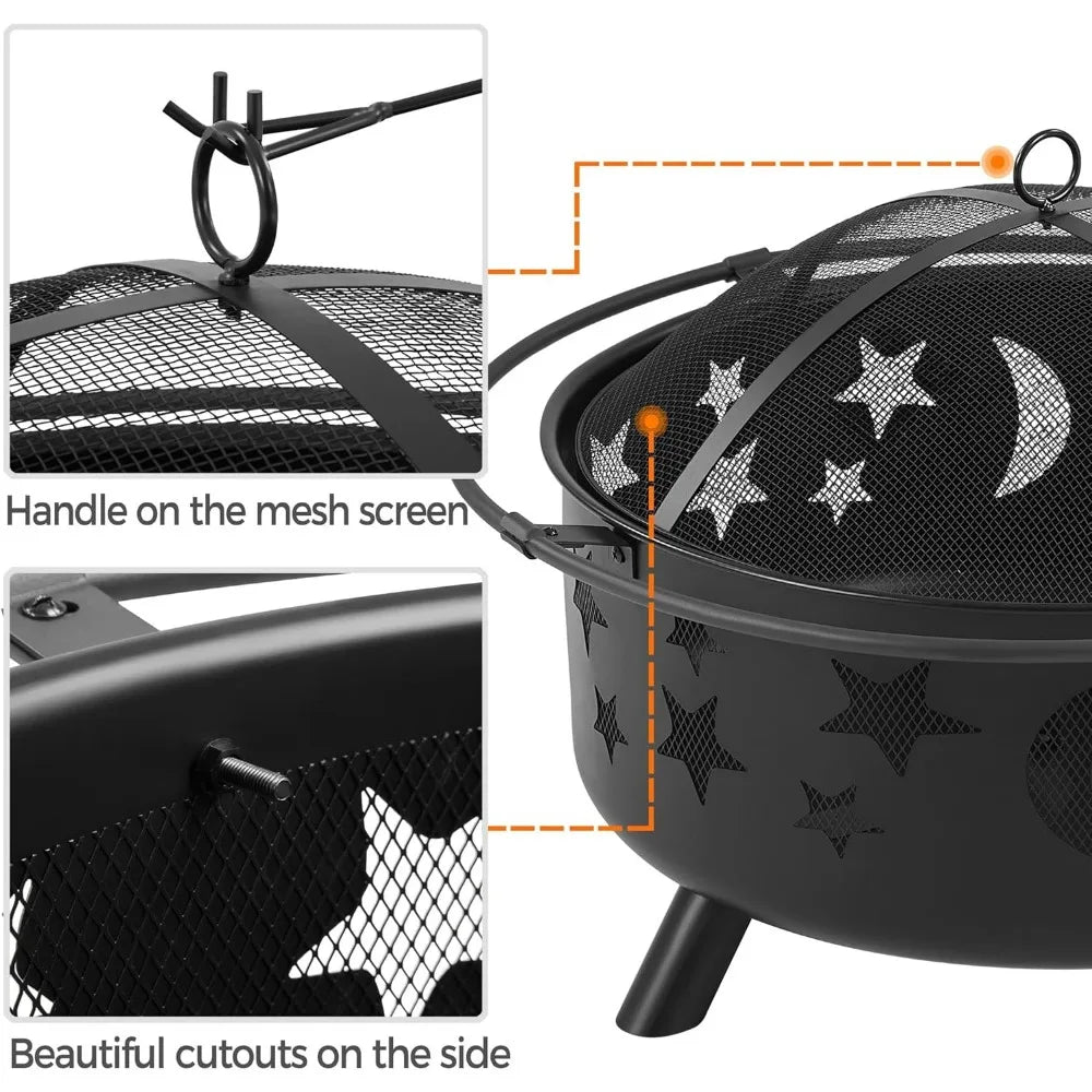 Fire Pit 30in Fire Pits for Outside Wood Burning Outdoor Fireplace with Spark Screen, Poker for Bonfire Patio Backyard Garden P