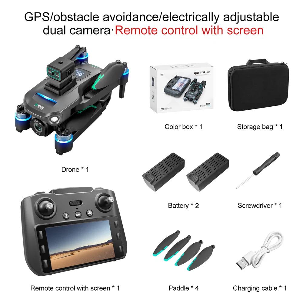 2025 Long-Endurance (2Batteries 45min) GPS Drone Dual Cameras 5.9In LCD Remote Controller Brushless Motor Quad Obstacle Avoidanc
